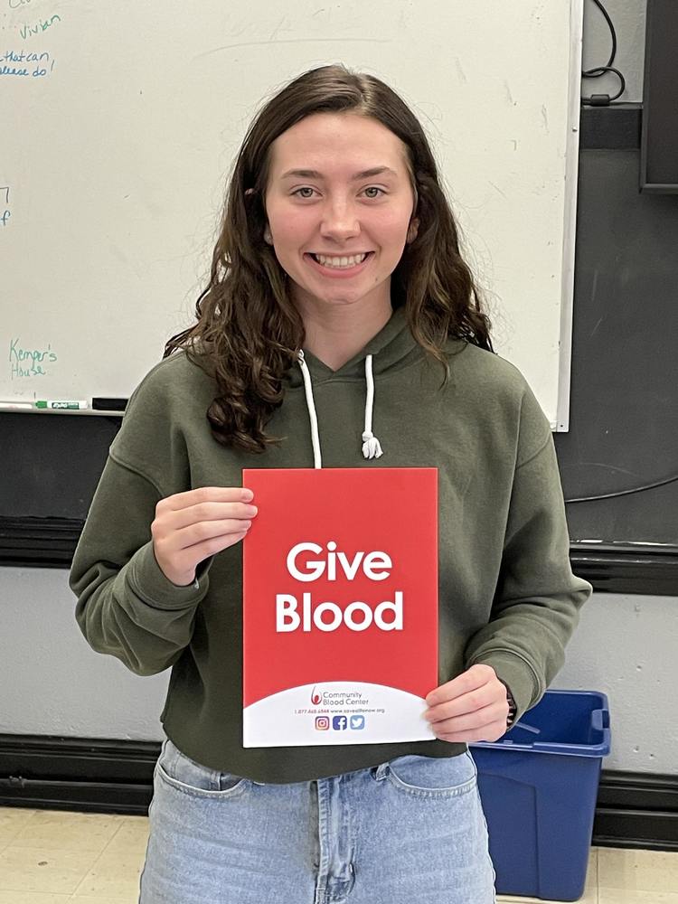 NHS President Delaney Shields reminds everyone to give blood Jan. 20th.  Go to savealifenow. org/group and enter code: CGGB